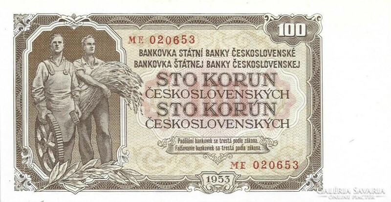 100 korun korona 1953 Csehszlovákia 2. aUNC