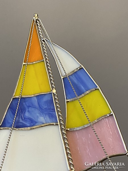 Lead glass sailing ship table decoration made of colored plastic sheets 28 cm