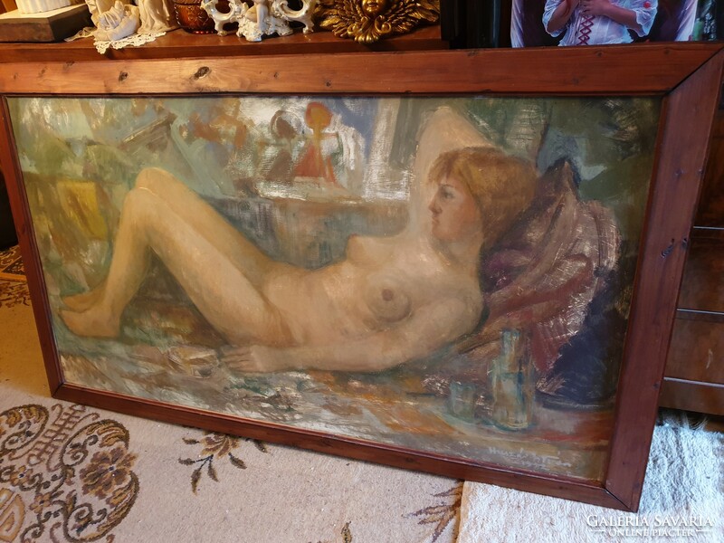 160x95cm oil on wood female nude painting by István Huszár for sale! Rarity!!!