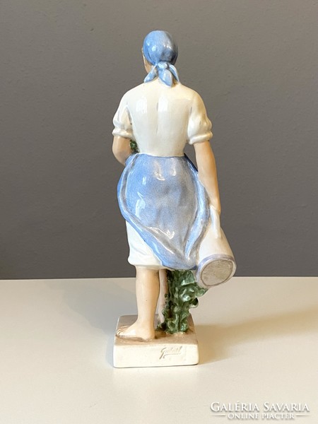 Girl with flower and watering can painted social real granite porcelain statue 29 cm