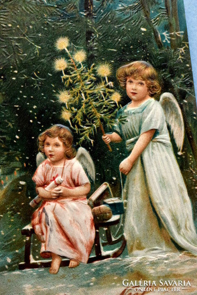 Antik dombornyomott Karácsonyi üdvözlő képeslap - angyalkák, téli éjszaka , karácsonyfa