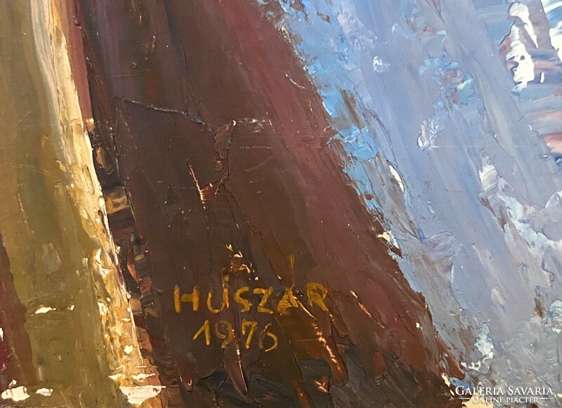 Huszár 1976 girl with yellow scarf retro oil wood fiber portrait painting 50 x 64 cm
