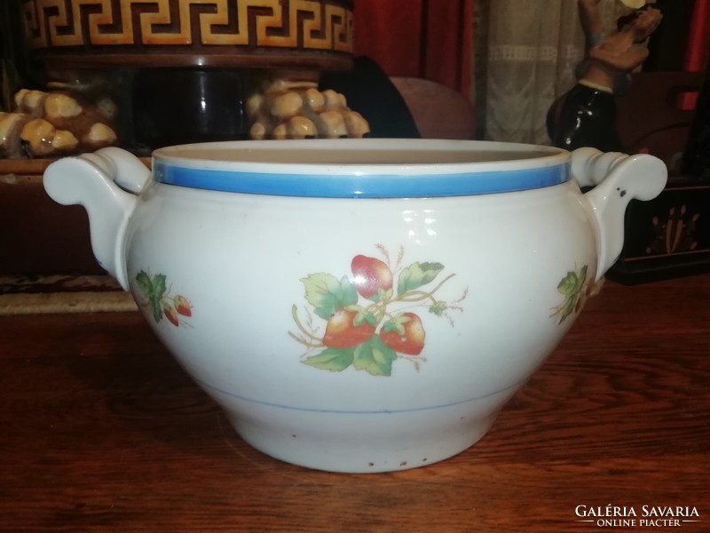 Antique porcelain soup bowl with strawberry pattern marked, numbered but not legible