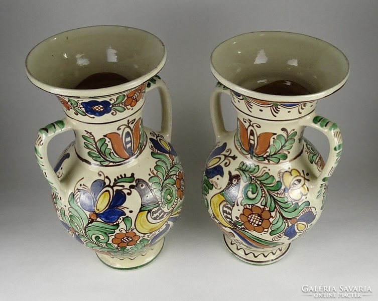 1P822 pair of old bird large Korund ceramic vases 38 cm