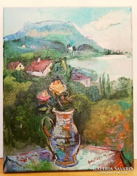 Halácsy Mária: Rózsa csendélet, hegyvidéki falu hátérrel. Modern festmény