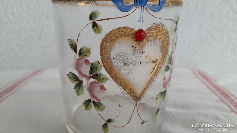 Very old blown glass enamel painted antique souvenir decanter, 24 cm