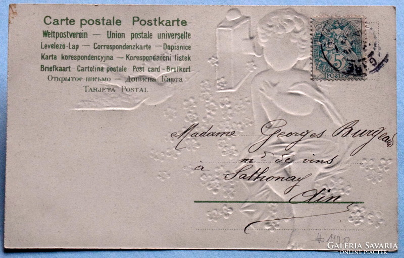 Antik dombornyomott Újévi üdvözlő képeslap - telefonozó angyalka , postagalamb, nefelejcs