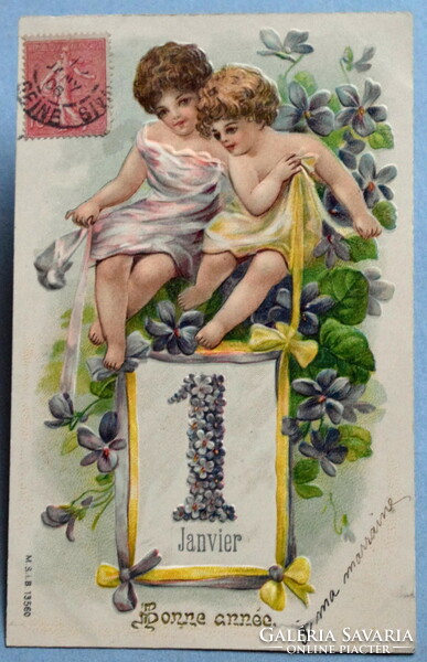 Antique embossed New Year greeting card - small children, calendar, violet, Jan 1.