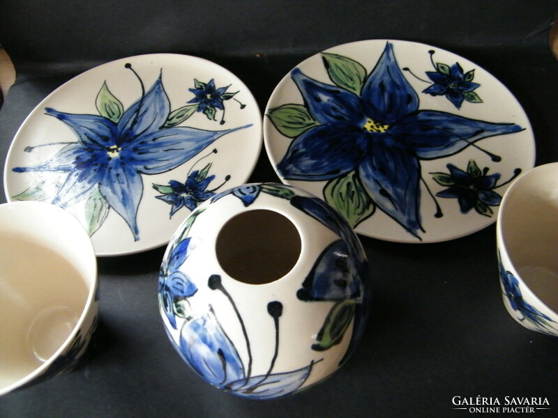 Unique, handmade, painted blue floral ceramic mugs, bowls, vase set for 2