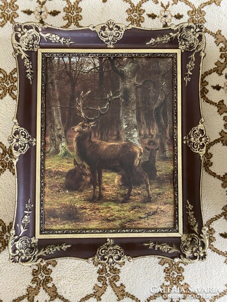 Hunting scene - print - antique in flawless frame - deer