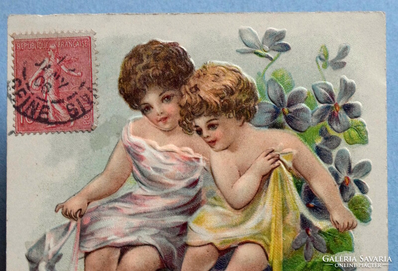 Antik dombornyomott Újévi üdvözlő képeslap -kisgyerekek , naptár , ibolya , jan 1.