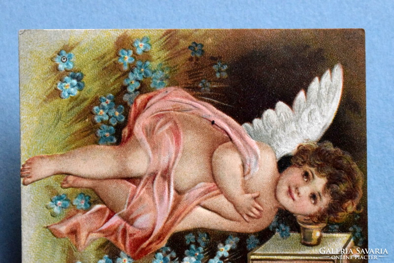 Antik dombornyomott Újévi üdvözlő képeslap - telefonozó angyalka , postagalamb, nefelejcs