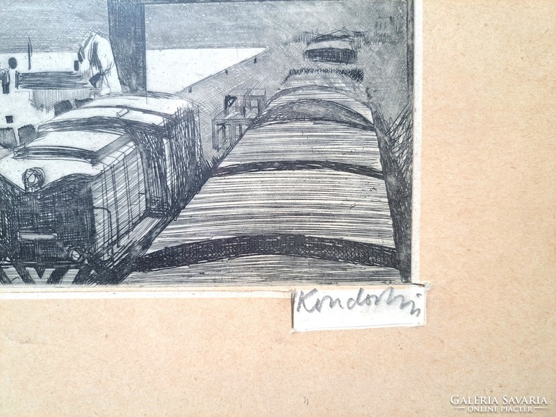 Kondor Lajos: Rakodás a kikötőben, rézkarc - szocreál grafika, 1960-as évek - hajók, munkások