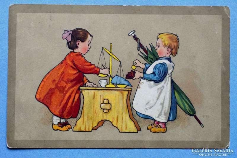 Antik Meissner&Buch grafikus művész  képeslap - felnőttet játszó gyerekek 1913