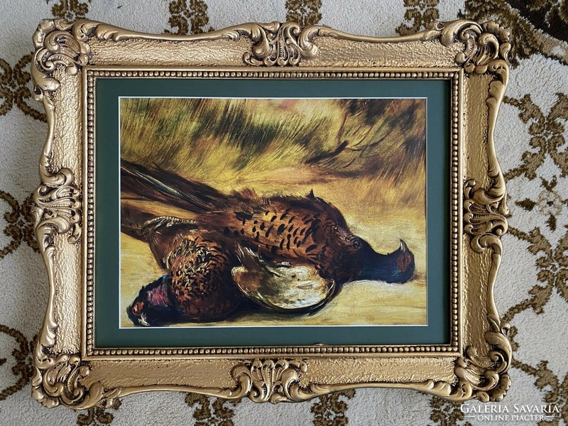 Hunting still life - print in an antique flawless frame - pheasants