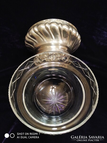 Antique silver (800 diana) blistered, glass-inset decanter.
