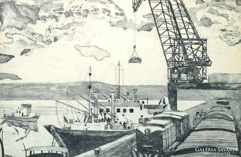 Lajos Kondor: loading at the port, etching - social real graphics, 1960s - ships, workers