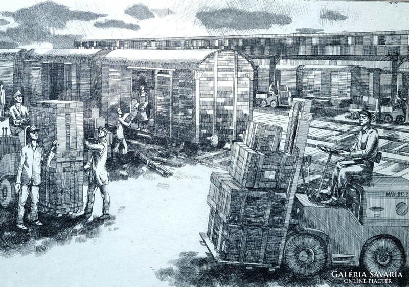 Gábor Gacs: railway mechanical loading, etching - social real graphics, 1960s