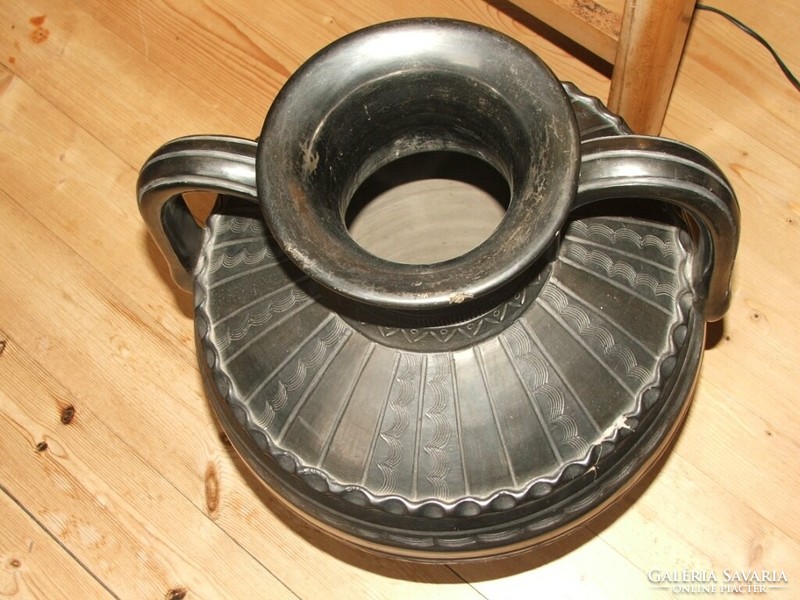 Huge black-glazed kanta ceramic pot with two ears