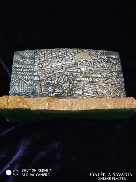 Silver (925) Israeli bas-relief of the Wailing Wall of Jerusalem on a stone or marble base.
