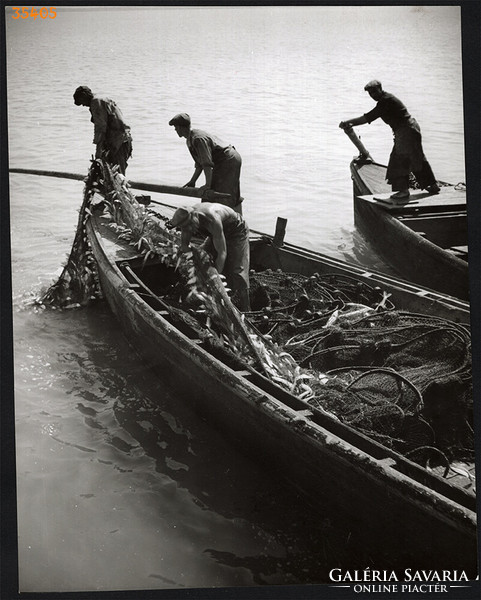 Larger size, photo art work by István Szendrő. Fishing, fish in the fishing net, 1930s