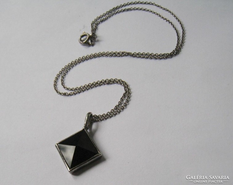 Silver necklace with black pyramid stone pendant
