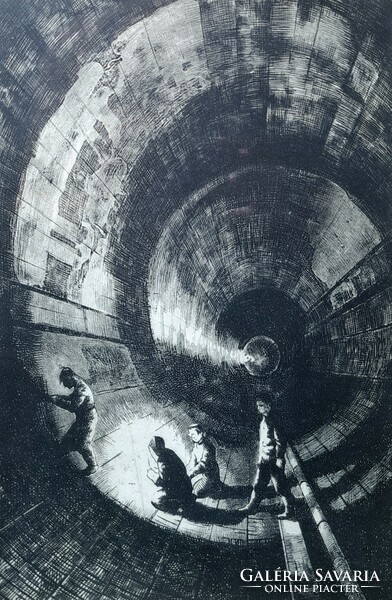 Mária Hertay: subway construction, etching - social realist graphics, 1960s - Mihály Munkácsy award-winning graphic artist