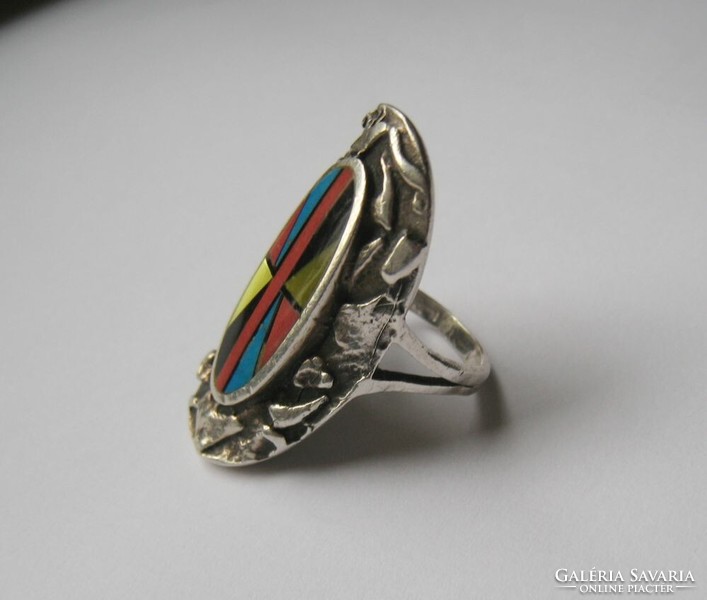 Designer silver ring, with coral, turquoise mosaic, Indian ring