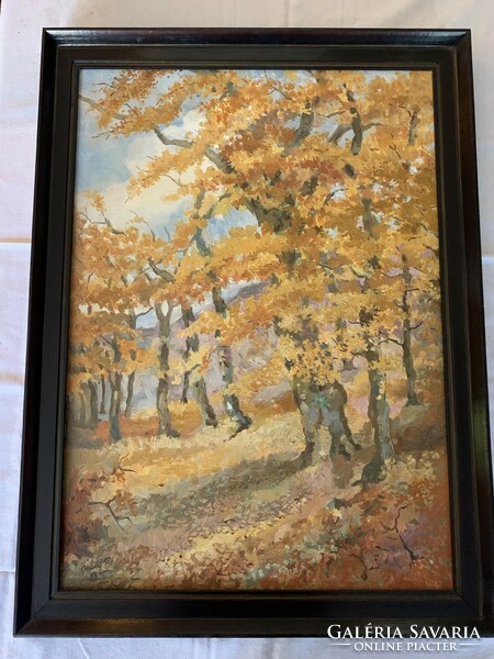 Ördögh László “Őszi erdő részlet” című olajfestménye fa keretben (74x59cm)