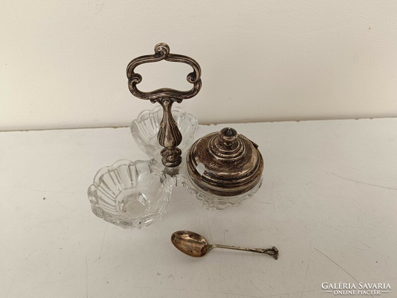 Antik konyhai üveg fűszer mustár tartó fém szerelékkel ezüst kiskanál 337 8303