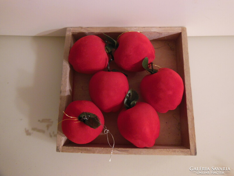 Christmas tree decoration - apple - 6 pcs - 5.5 cm - velvet - dark red - in wooden holder - German - flawless
