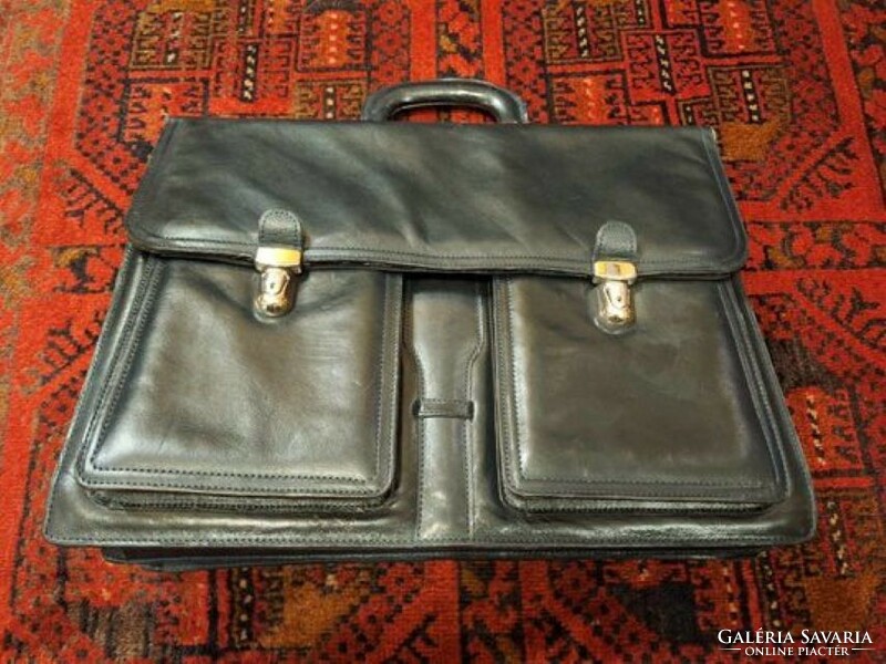 Vintage American 80s steel blue leather briefcase with cowhide handle