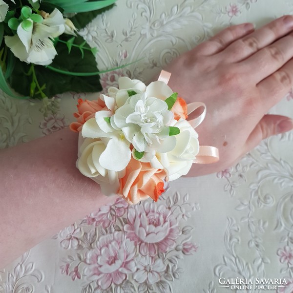 New, custom-made ecru-peach colored wrist ornament with pink pearls