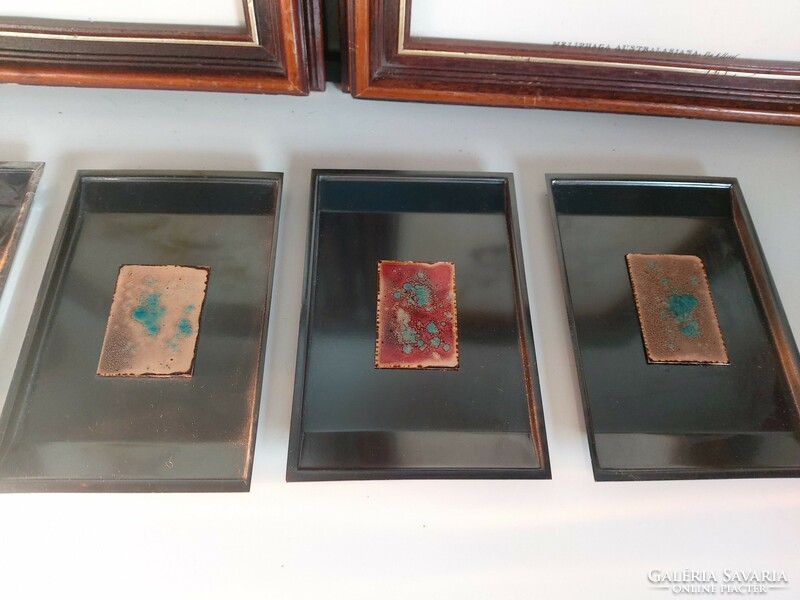 Very beautiful, interesting patina, colored metal plates, 4 pieces 12.5 x 8 cm