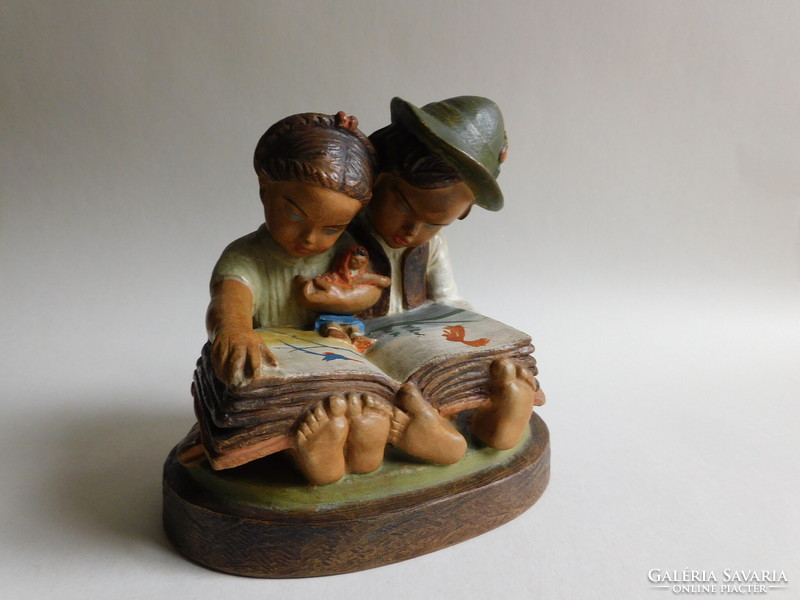 József Gondos - children reading a storybook - ceramic figure
