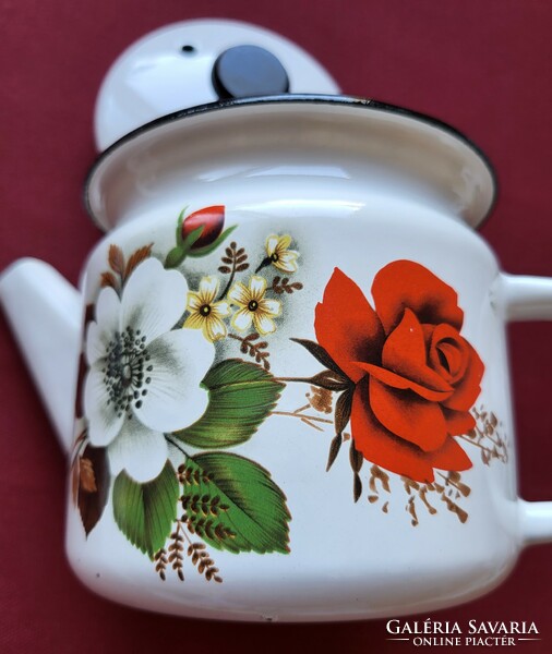 Old enamel enameled coffee tea pouring pot with flower pattern