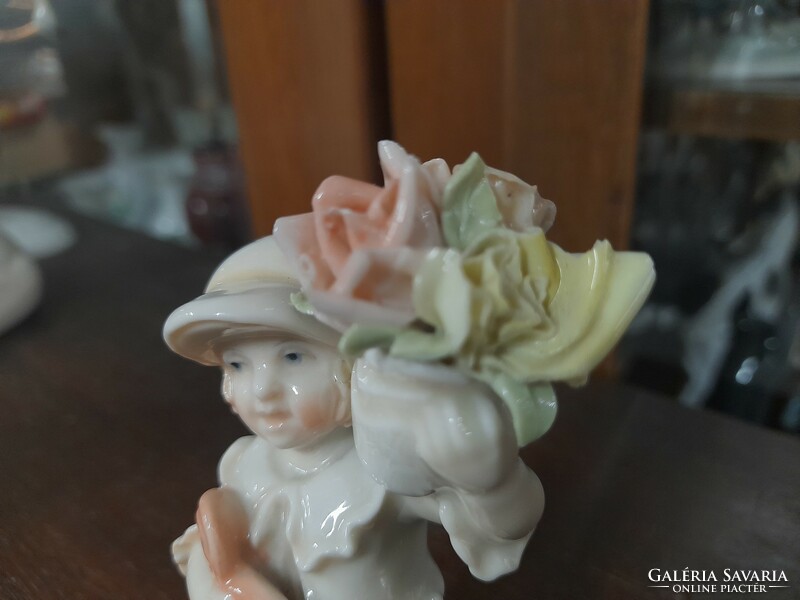 Rare Alt German, Germany Karl Ens Volkstedt boy in love with a bouquet of roses porcelain figurine. 11.5 Cm.