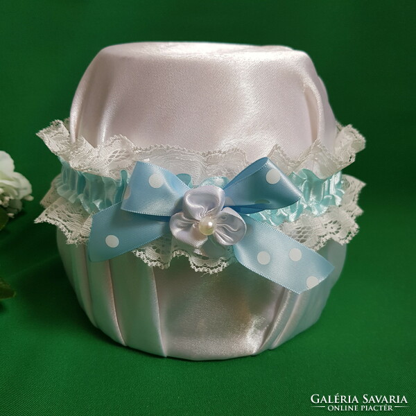Snow white lace polka dot sky blue bow-flower bridal garter, thigh lace