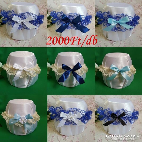 Ekrü lace polka dot sky blue bow-flower bridal garter, thigh lace