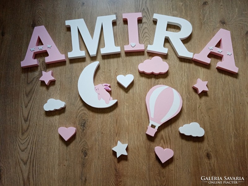 Bunny-hot air balloon letter set, baby letter, name, decoration, baby room, children's room
