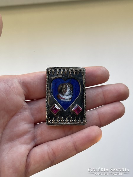 1800s fire enamel dog portrait noble silver brooch in a gold fire enamel gift box heart motif!!