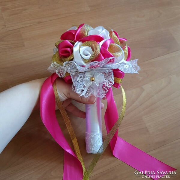 New, custom-made snow-white-pink-gold lacy bridal eternal bouquet