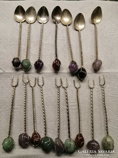 Small spoons with twisted handles + snack forks with semi-precious stones