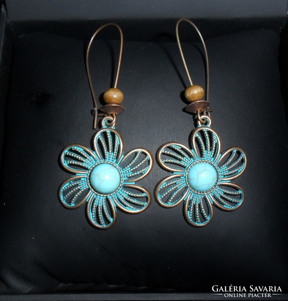 Boho style, openwork floral pattern, turquoise colored, stone earrings.