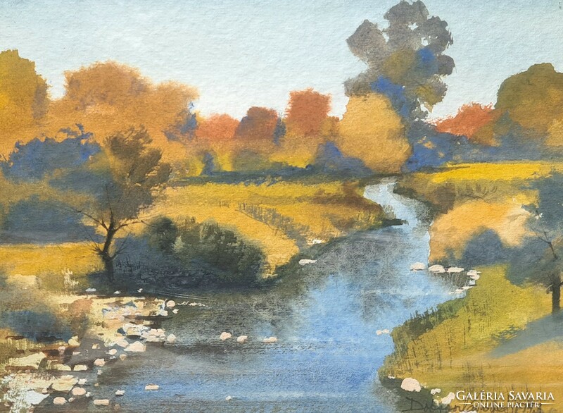 József Dobroszláv: on the stream bank - summer landscape (watercolor, 1993)