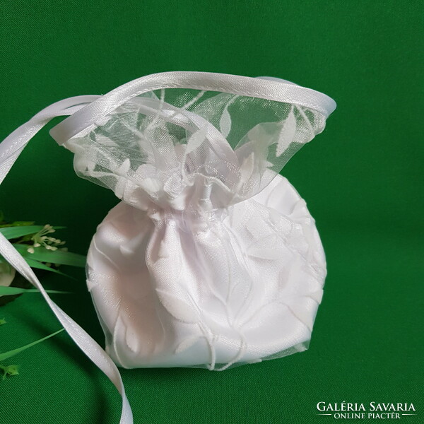 New, snow-white, leaf-patterned, satin-organza bridal gown, small bag