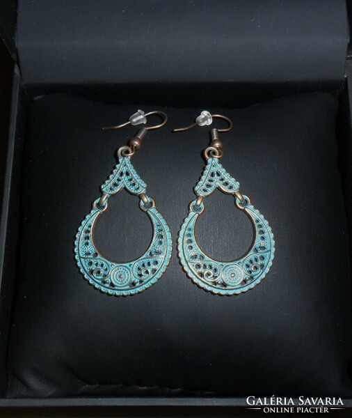 Boho-style, openwork lace pattern, bronze-turquoise earrings.