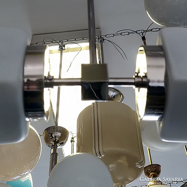 Bauhaus - art deco nickel-plated 2-burner chandelier renovated - frosted milk glass 