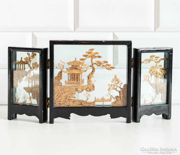 Kézműves kínai / japán parafa tájkép paraván formában - miniatűr faragás, türelemüveg