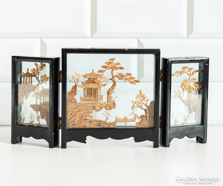 Handmade Chinese / Japanese cork landscape in screen form - miniature carving, stained glass